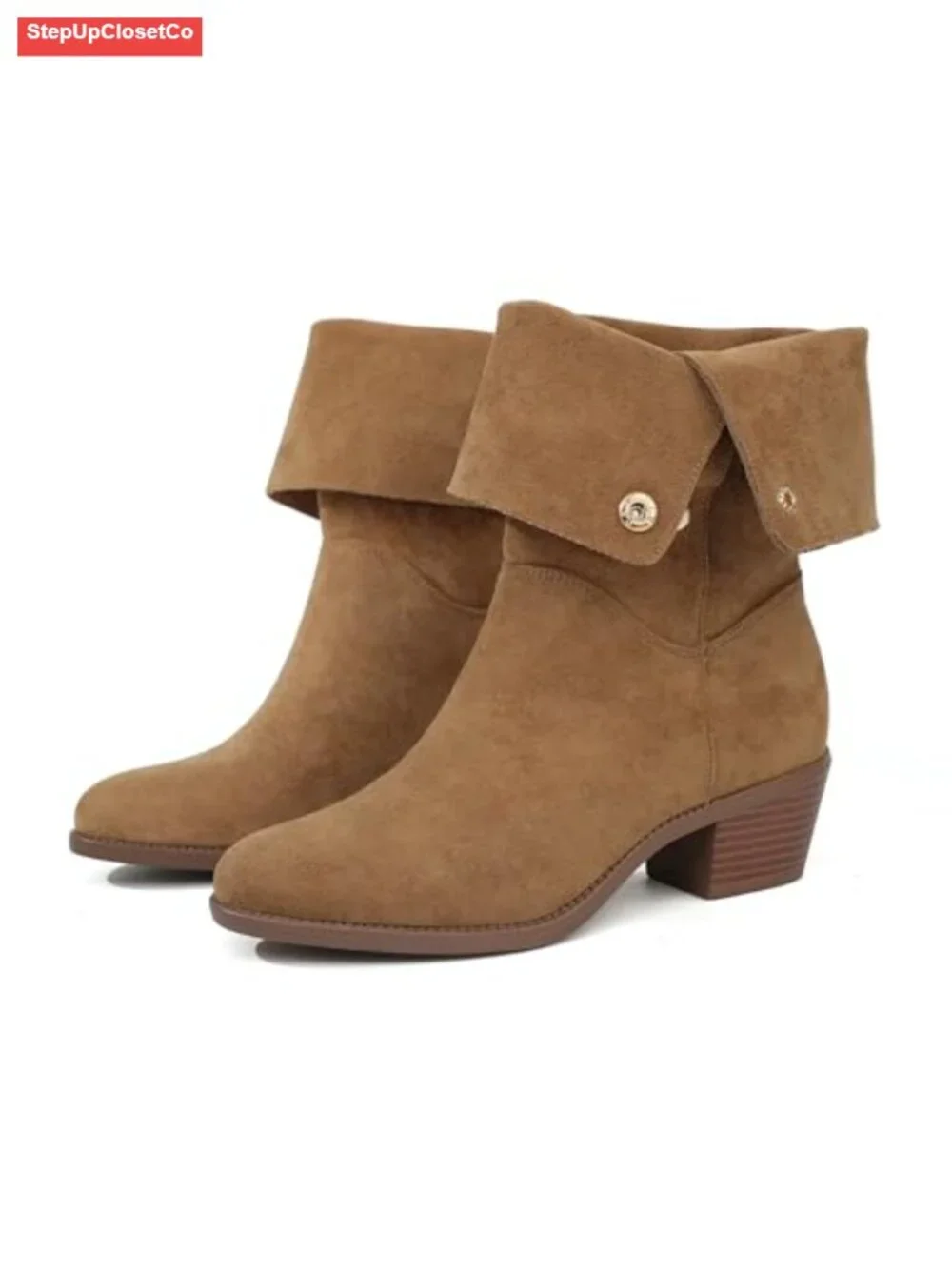 Women's Suede Mid-Calf Boots 3-Way Fold-Over Chunky Heel